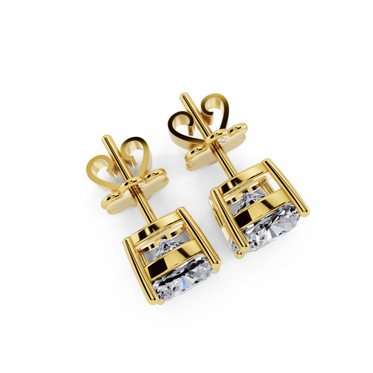 Yellow Gold 4 Prong Cushion Lab Grown Diamond Stud Earrings, top view