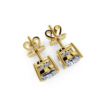 Yellow Gold 4 Prong Cushion Lab Grown Diamond Stud Earrings, top view