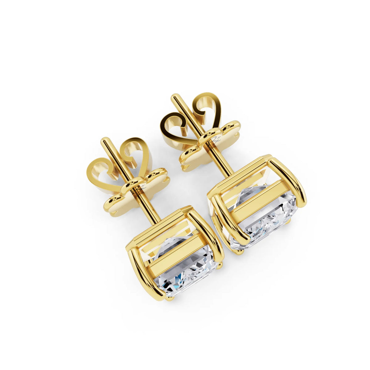 Yellow Gold 4 Prong Emerald Lab Grown Diamond Stud Earrings, top view