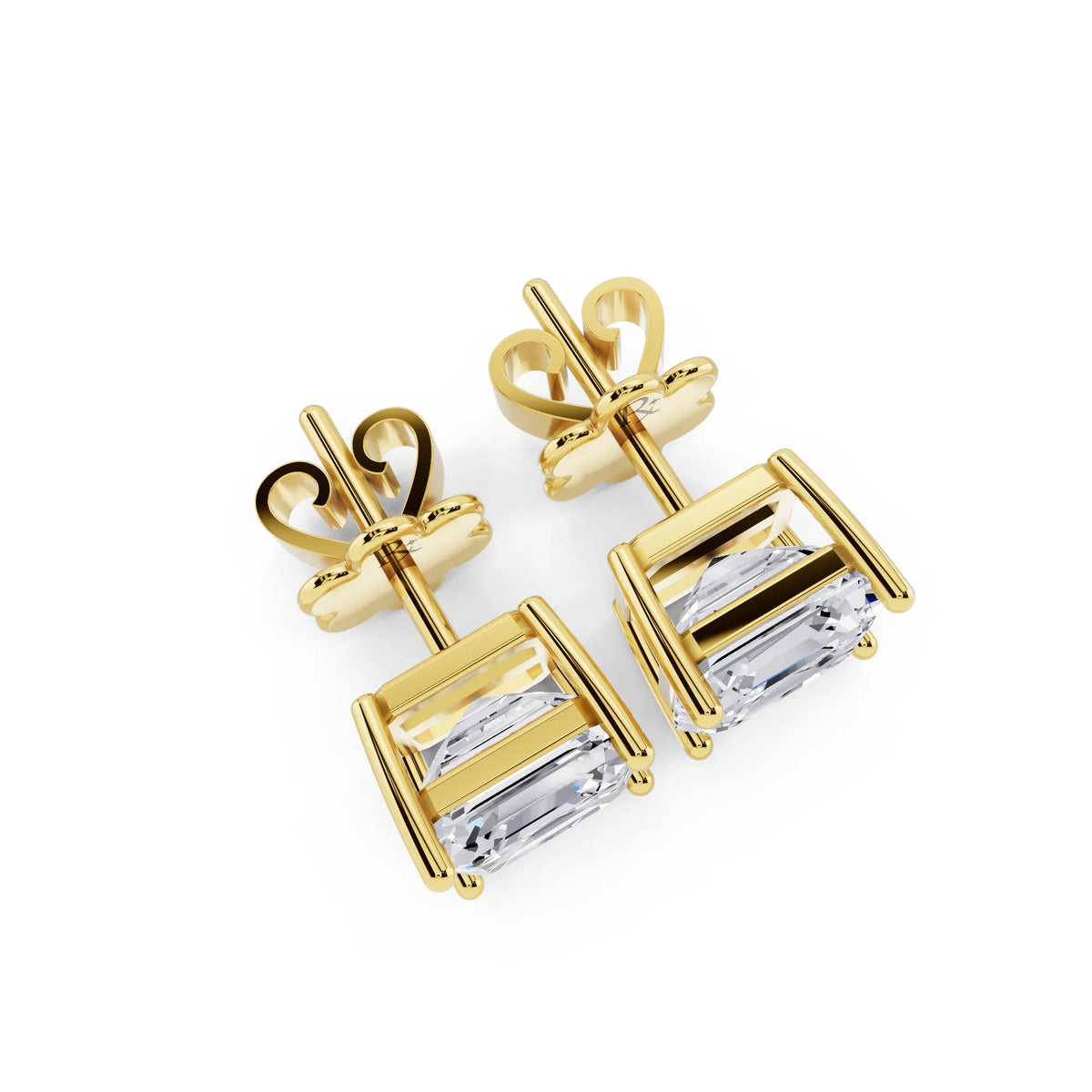 Yellow Gold 4 Prong Asscher Lab Grown Diamond Stud Earrings, top view