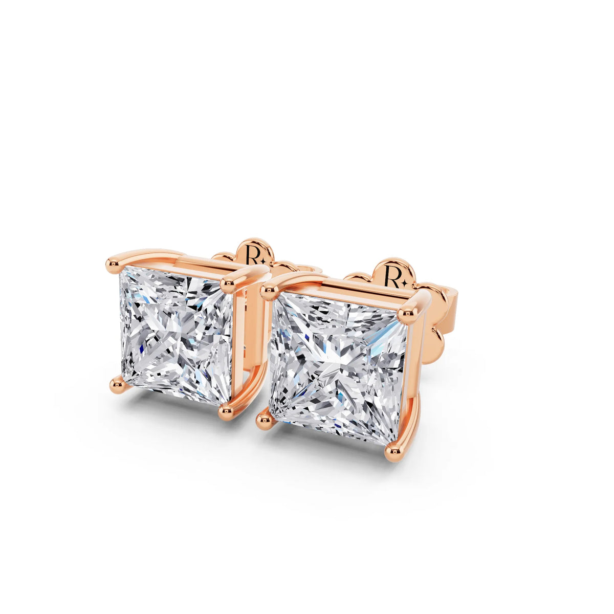 Rose Gold 4 Prong Princess Lab Grown Diamond Stud Earrings, close-up