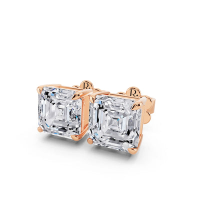 Rose Gold Tiger-prong Asscher Lab Grown Diamond Stud Earrings, close-up
