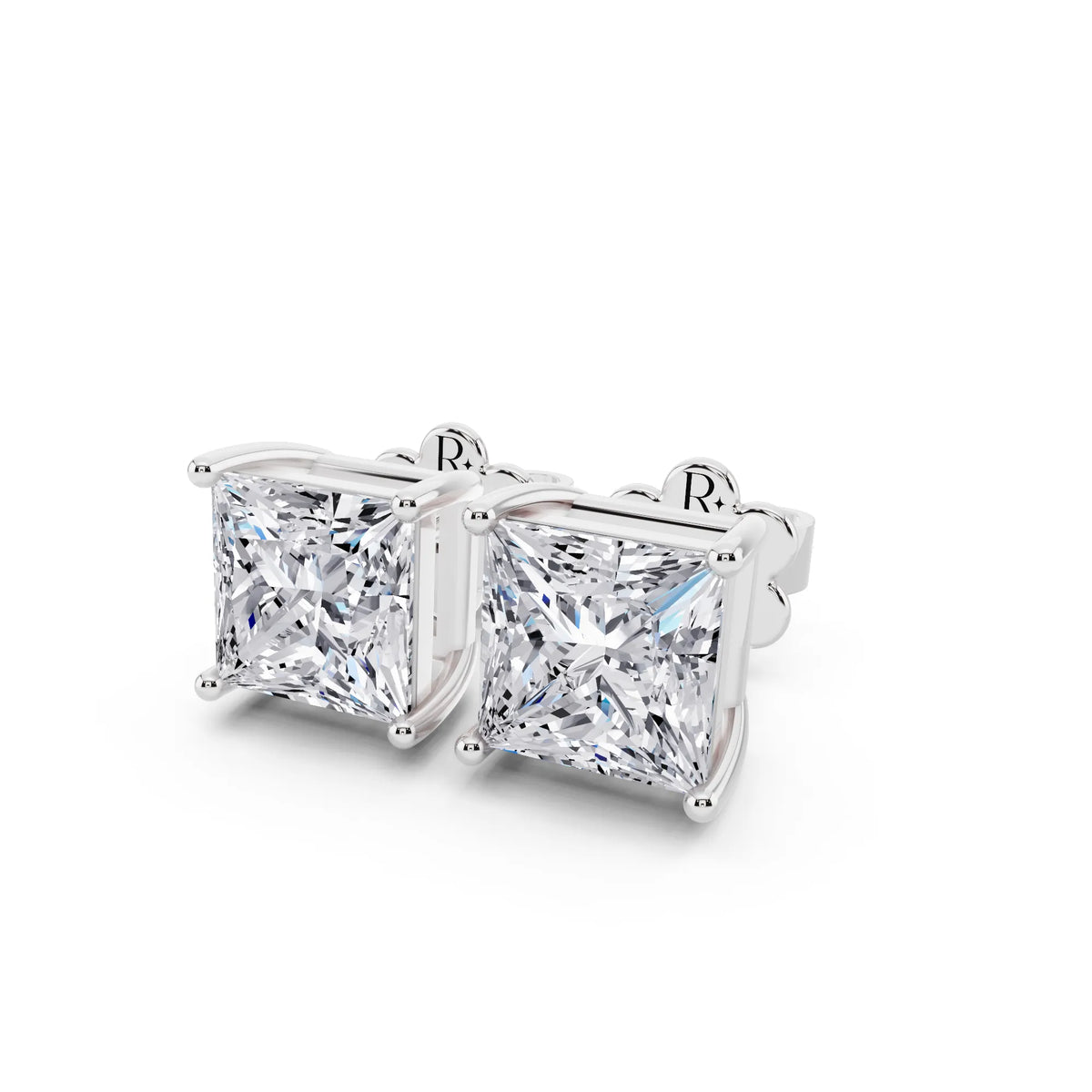 4 Prong Princess Lab Grown Diamond Stud Earrings, close-up