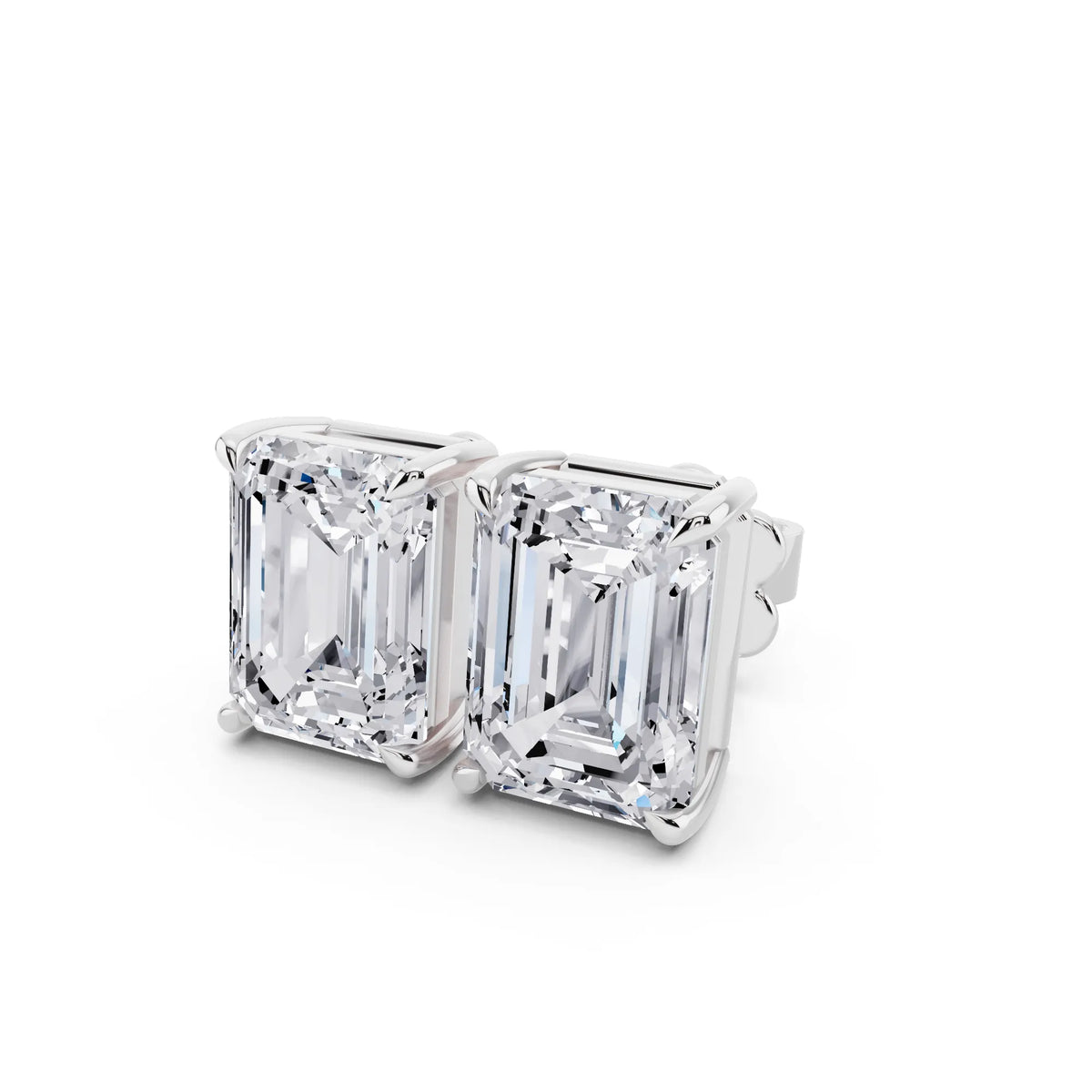 Tiger-prong Emerald Lab Grown Diamond Stud Earrings, close-up
