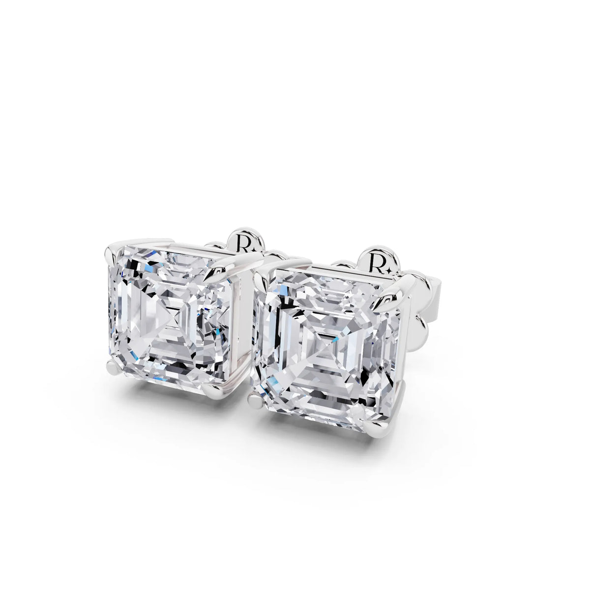 Tiger-prong Asscher Lab Grown Diamond Stud Earrings, close-up