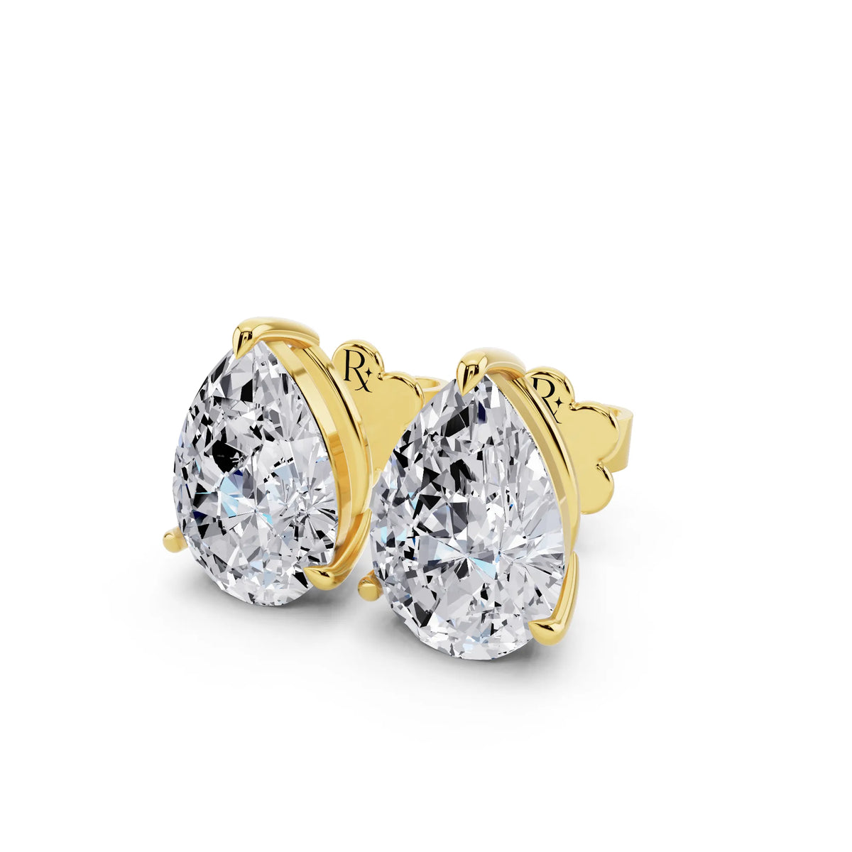 Yellow Gold Tiger-prong Pear Lab Grown Diamond Stud Earrings, close-up