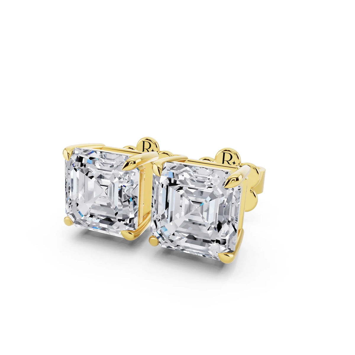 Yellow Gold Tiger-prong Asscher Lab Grown Diamond Stud Earrings, close-up