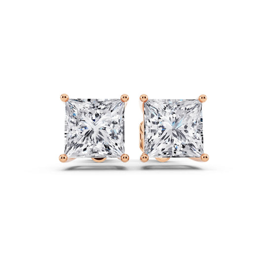 Rose Gold 4 Prong Princess Lab Grown Diamond Stud Earrings, front view