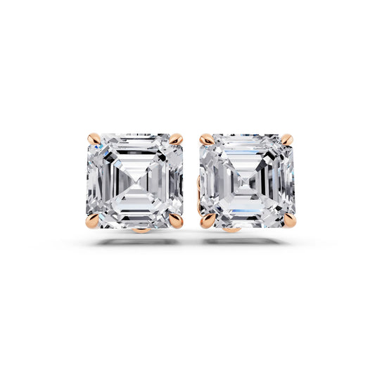 Rose Gold Tiger-prong Asscher Lab Grown Diamond Stud Earrings, front view
