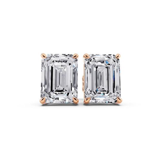Rose Gold Tiger-prong Emerald Lab Grown Diamond Stud Earrings, front view