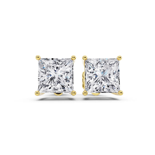 Yellow Gold 4 Prong Princess Lab Grown Diamond Stud Earrings, front view