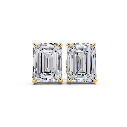 Yellow Gold Tiger-prong Emerald Lab Grown Diamond Stud Earrings, front view