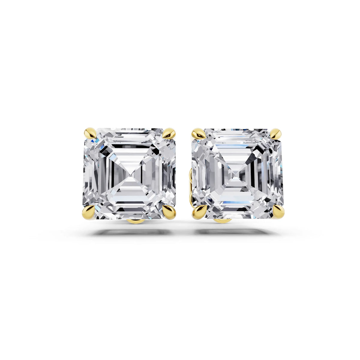 Yellow Gold Tiger-prong Asscher Lab Grown Diamond Stud Earrings, front view