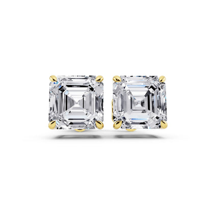 Yellow Gold Tiger-prong Asscher Lab Grown Diamond Stud Earrings, front view