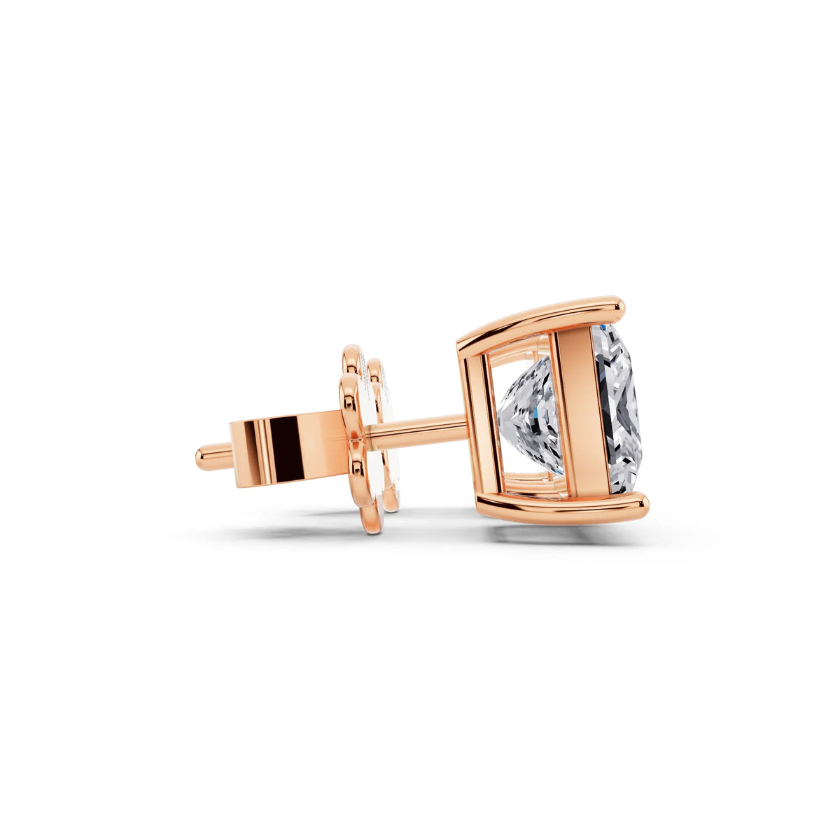 Rose Gold 4 Prong Princess Lab Grown Diamond Stud Earrings, side view