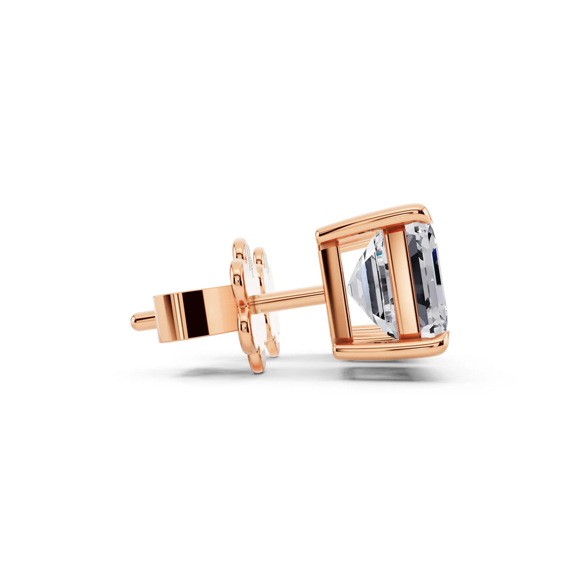 Rose Gold Tiger-prong Asscher Lab Grown Diamond Stud Earrings, side view