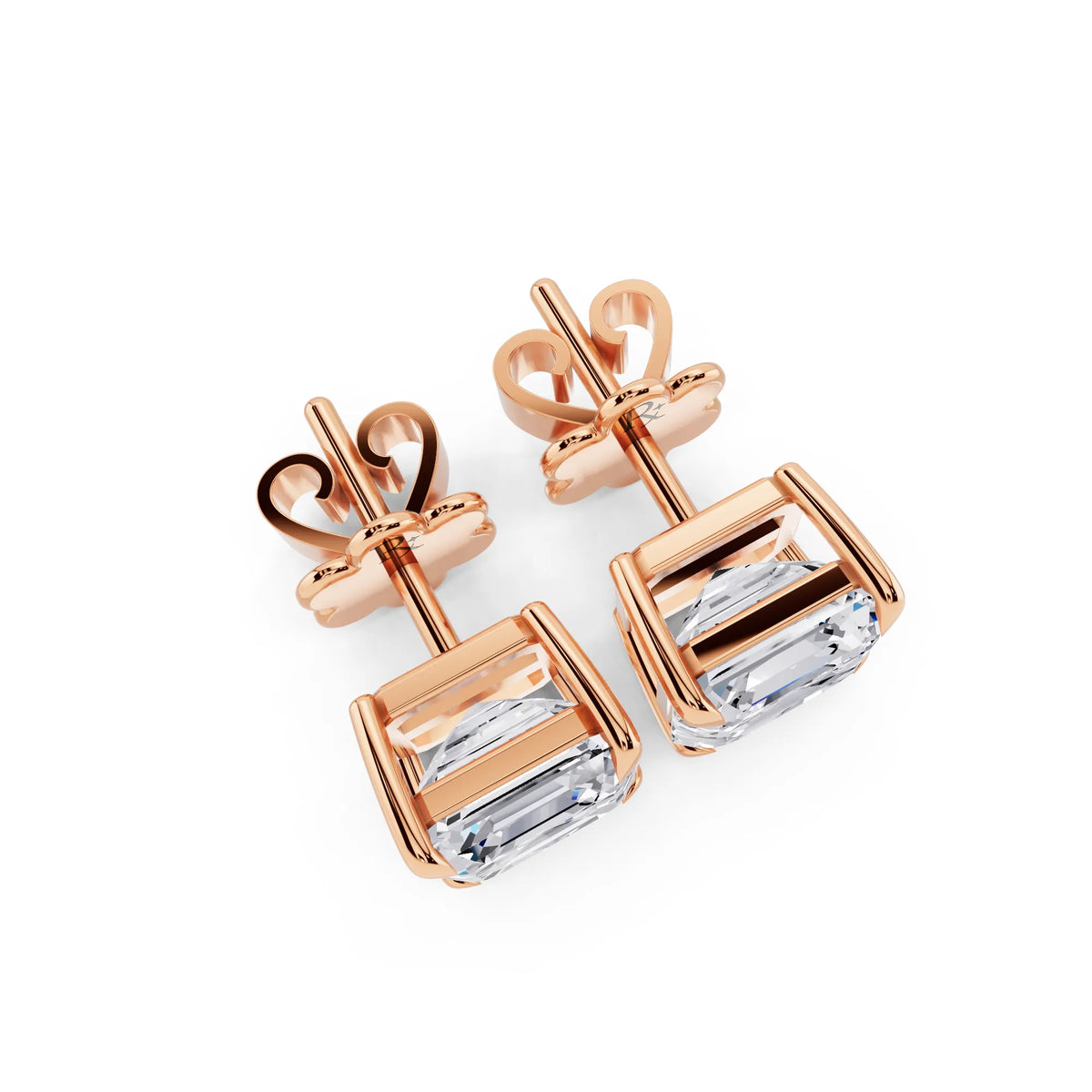 Rose Gold Tiger-prong Asscher Lab Grown Diamond Stud Earrings, top view