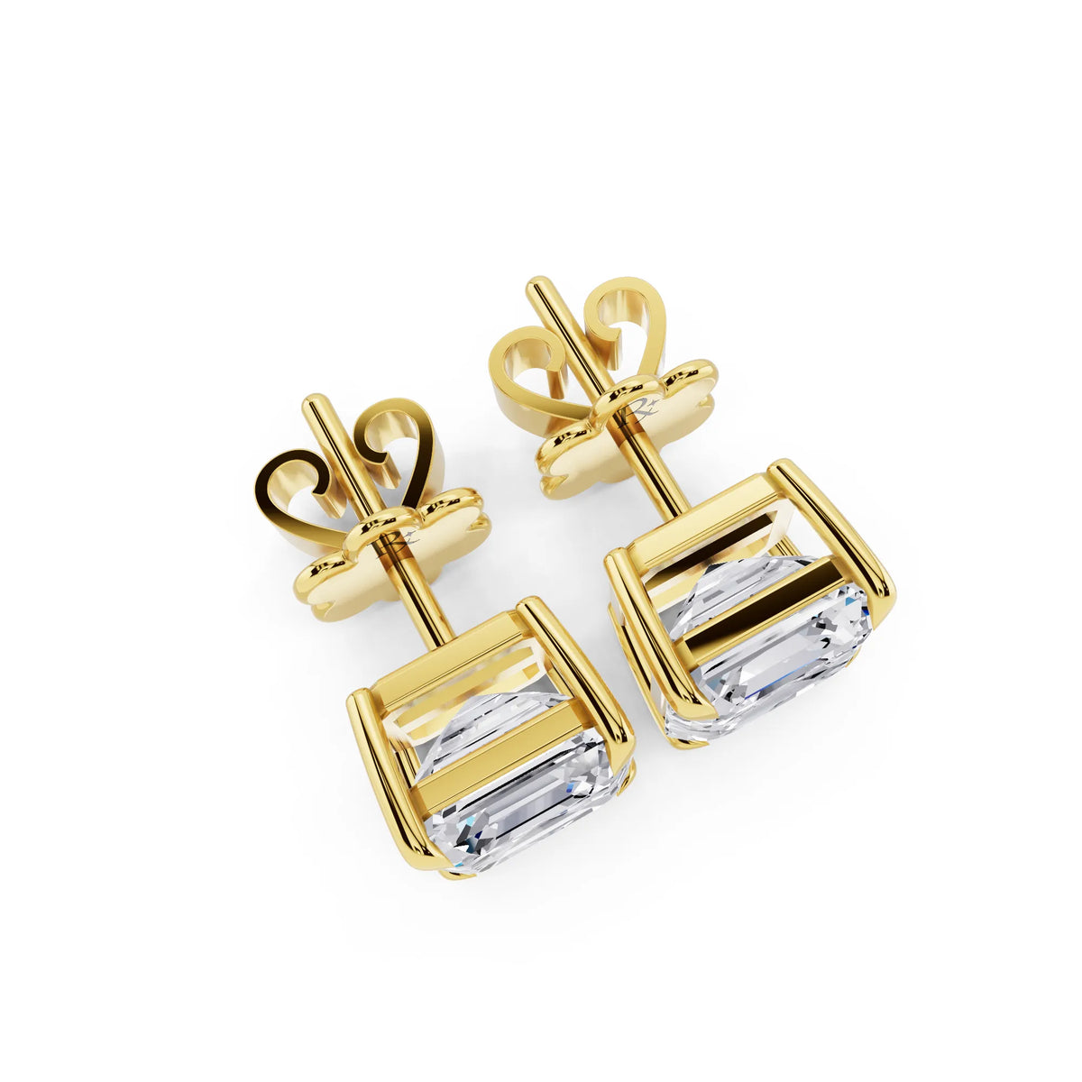 Yellow Gold Tiger-prong Asscher Lab Grown Diamond Stud Earrings, top view