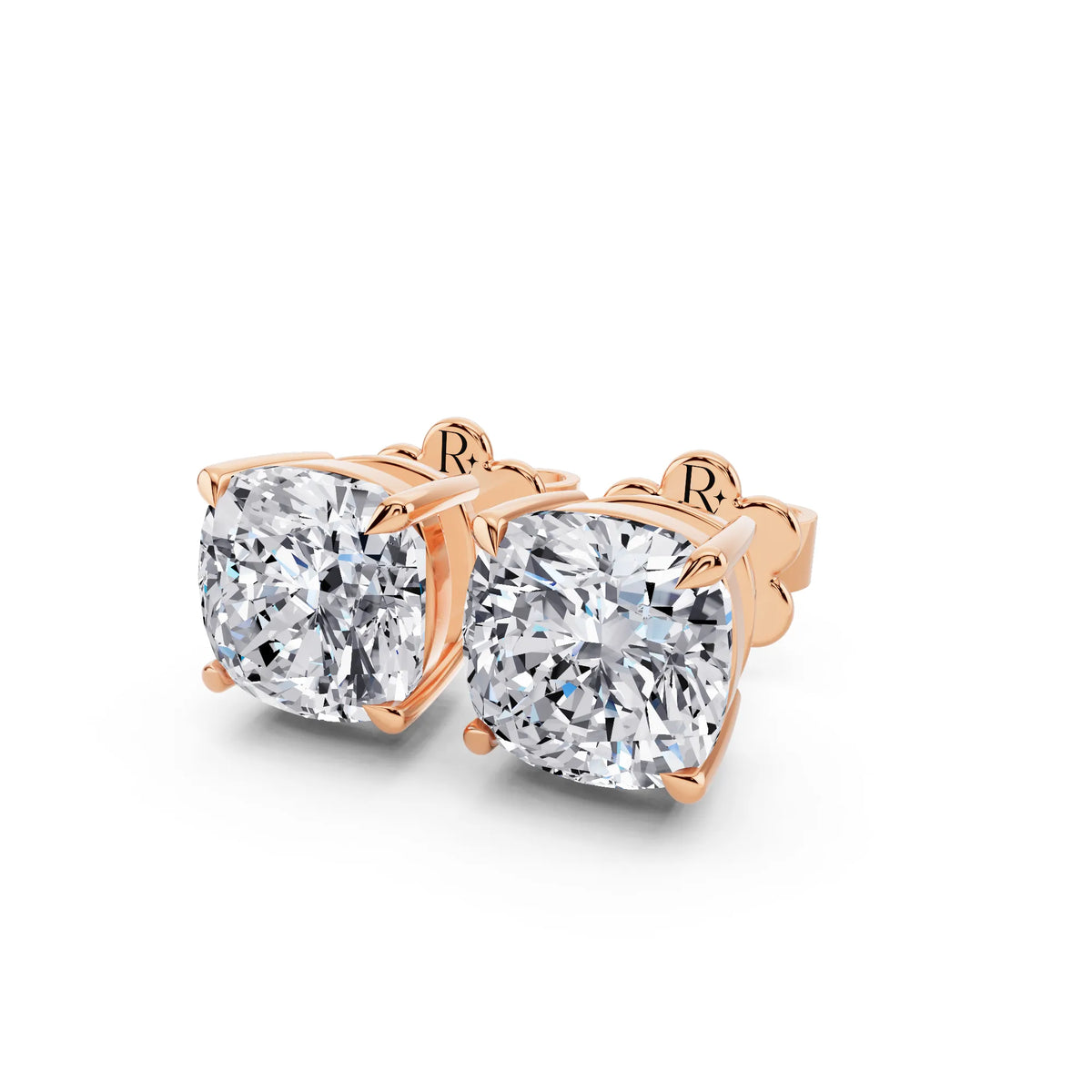 Rose Gold Tiger-prong Cushion Lab Grown Diamond Stud Earrings, close-up