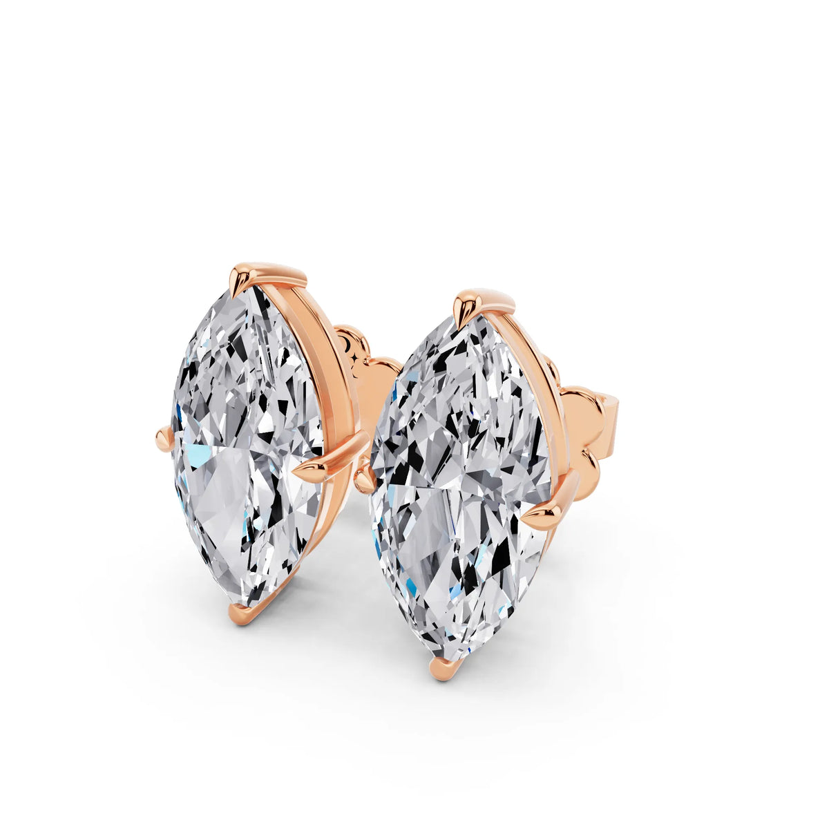 Rose Gold Tiger-prong Marquise Lab Grown Diamond Stud Earrings, close-up