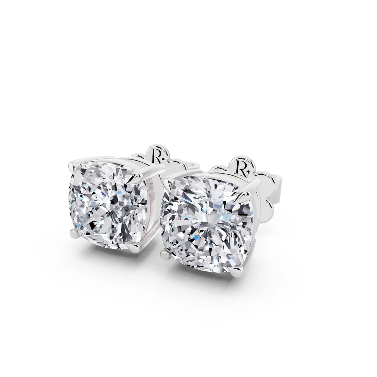 Tiger-prong Cushion Lab Grown Diamond Stud Earrings, close-up