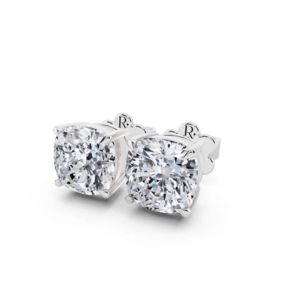 Tiger-prong Cushion Lab Grown Diamond Stud Earrings, close-up