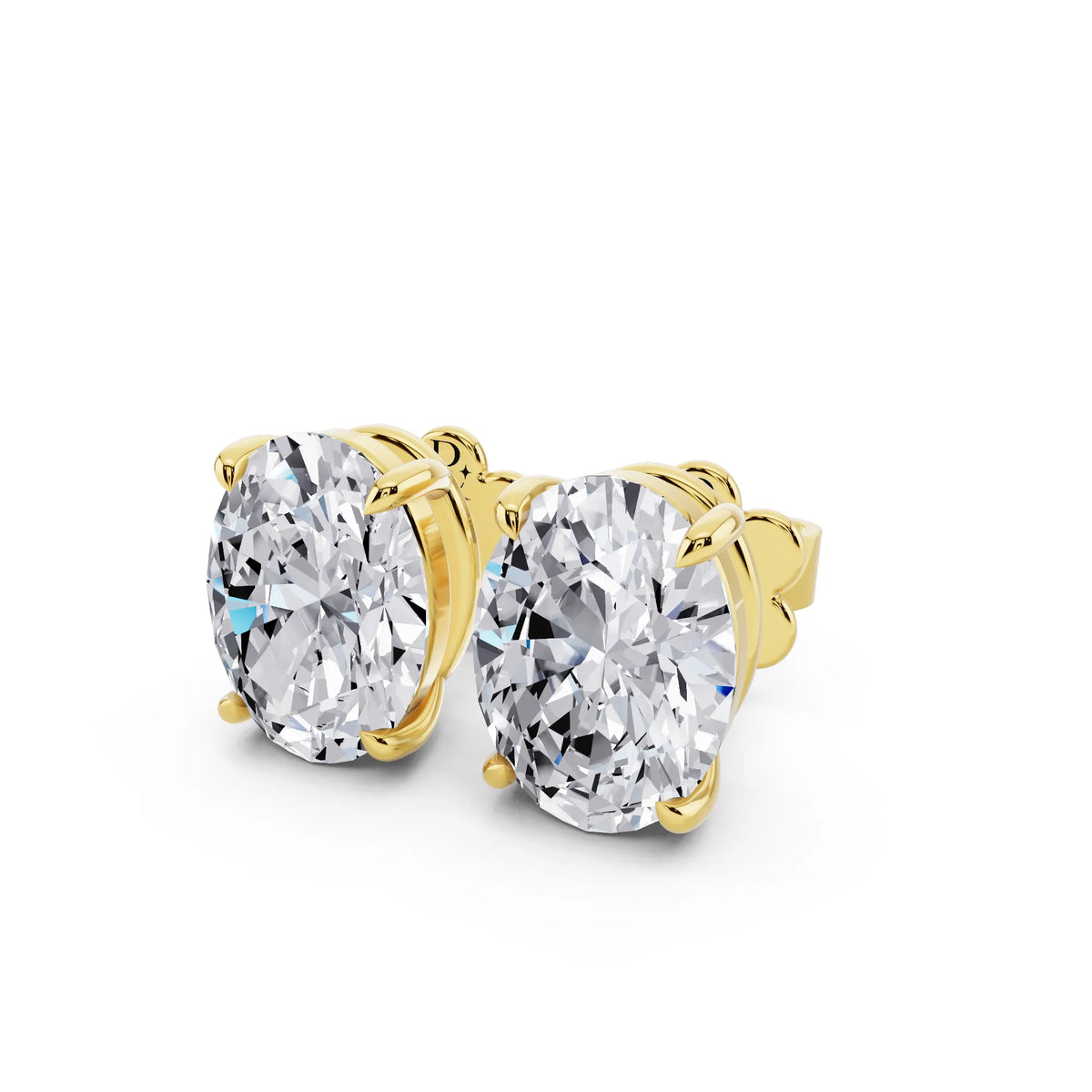 Yellow Gold Tiger-prong Oval Lab Grown Diamond Stud Earrings, close-up