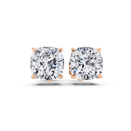 Rose Gold Tiger-prong Cushion Lab Grown Diamond Stud Earrings, front view