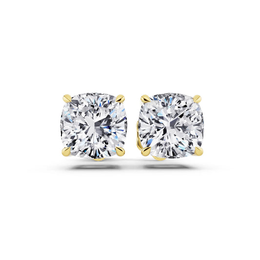 Yellow Gold Tiger-prong Cushion Lab Grown Diamond Stud Earrings, front view