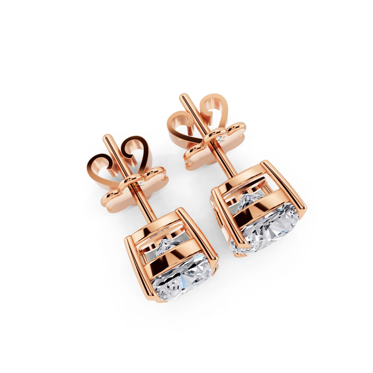 Rose Gold Tiger-prong Cushion Lab Grown Diamond Stud Earrings, top view