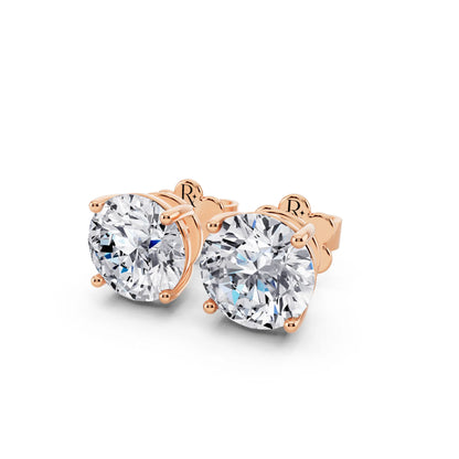 Rose Gold 4 Prong Round Lab Grown Diamond Stud Earrings, close-up
