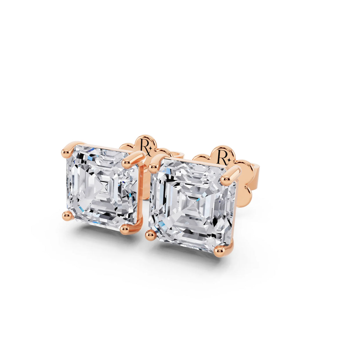 Rose Gold Martini Asscher Lab Grown Diamond Stud Earrings, close-up