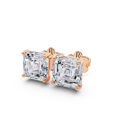 Rose Gold Martini Asscher Lab Grown Diamond Stud Earrings, close-up