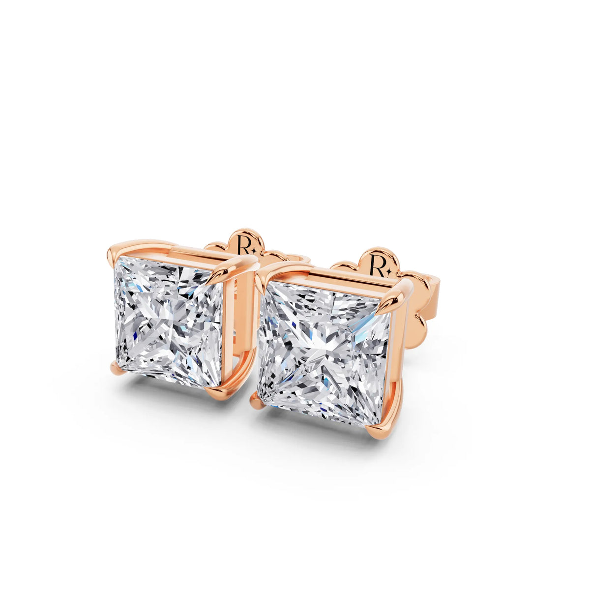 Rose Gold Tiger-prong Princess Lab Grown Diamond Stud Earrings, close-up