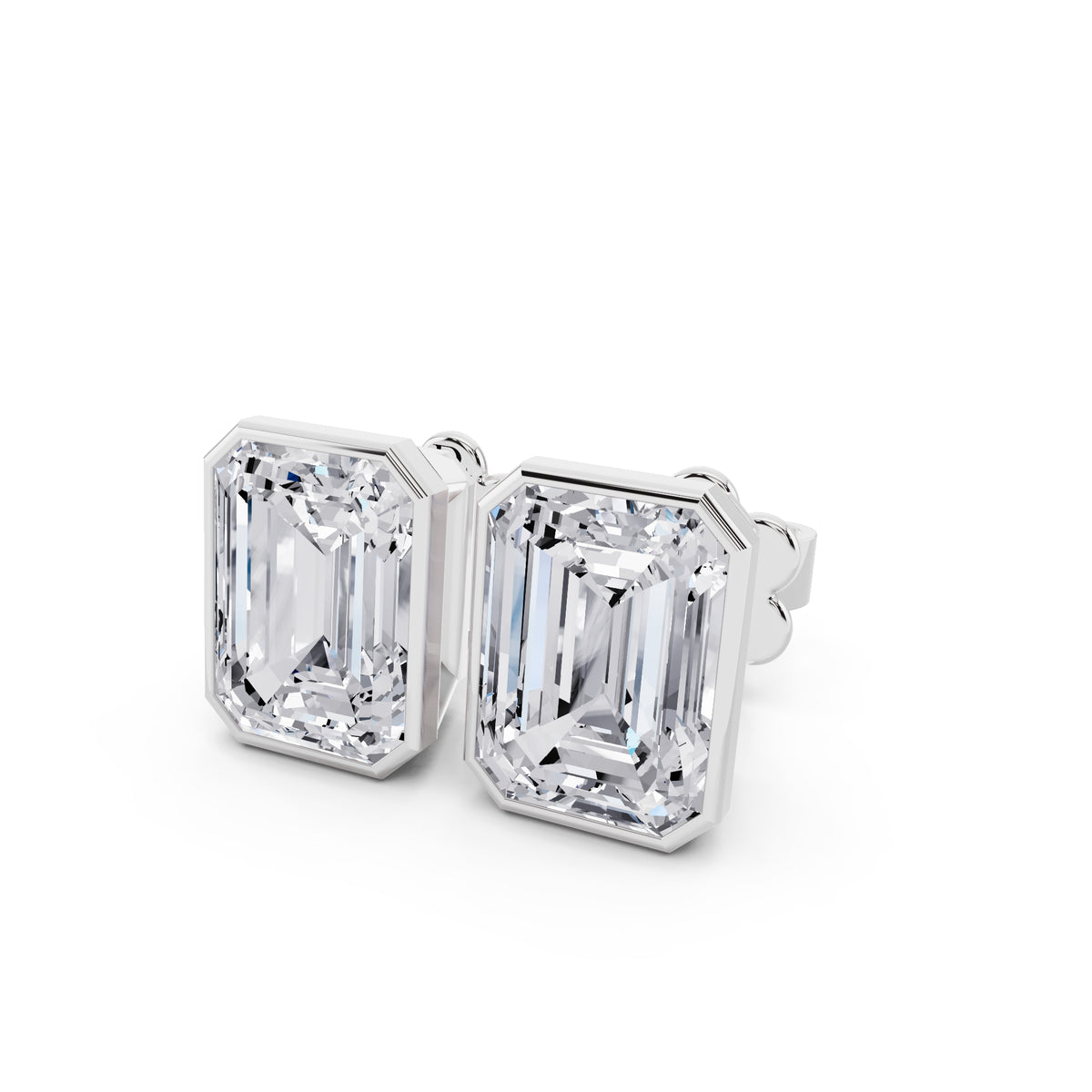 Bezel emerald cut diamond stud earrings close up view