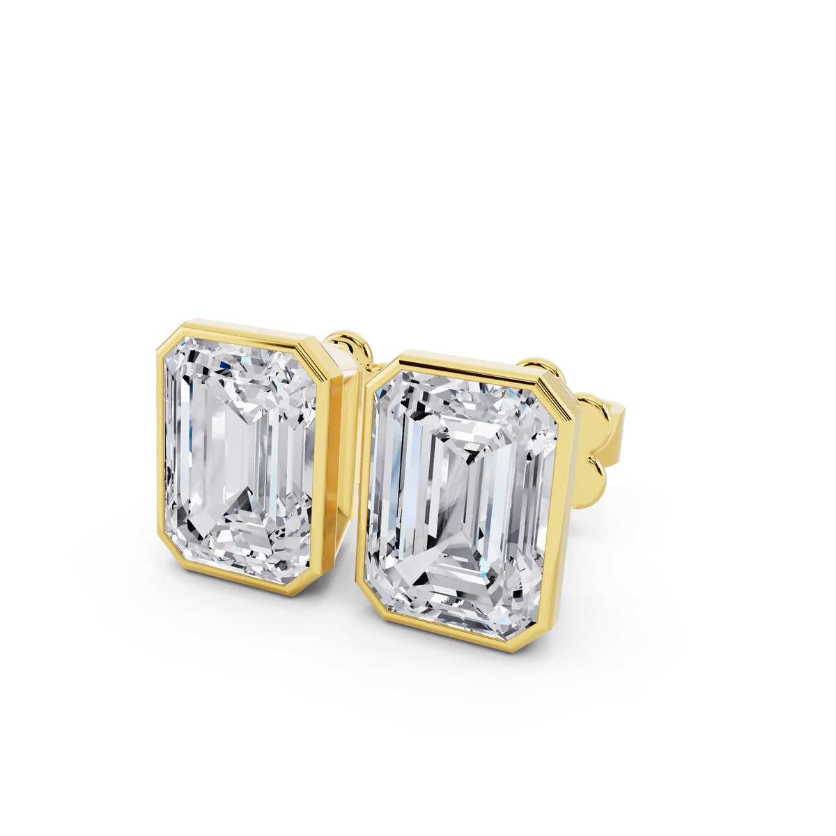 Bezel emerald cut diamond stud earrings yellow gold close up view