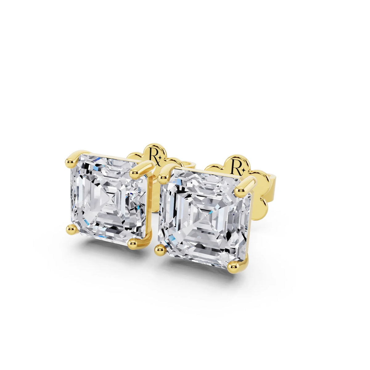 Yellow Gold Martini Asscher Lab Grown Diamond Stud Earrings, close-up