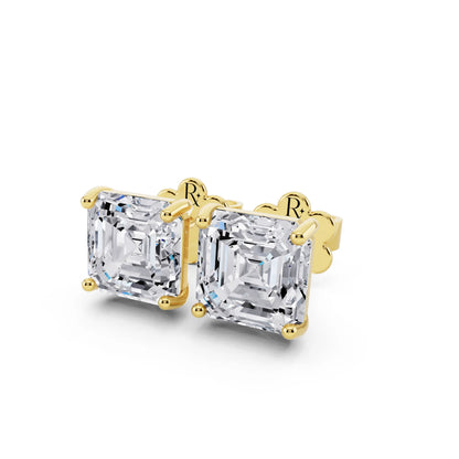 Yellow Gold Martini Asscher Lab Grown Diamond Stud Earrings, close-up