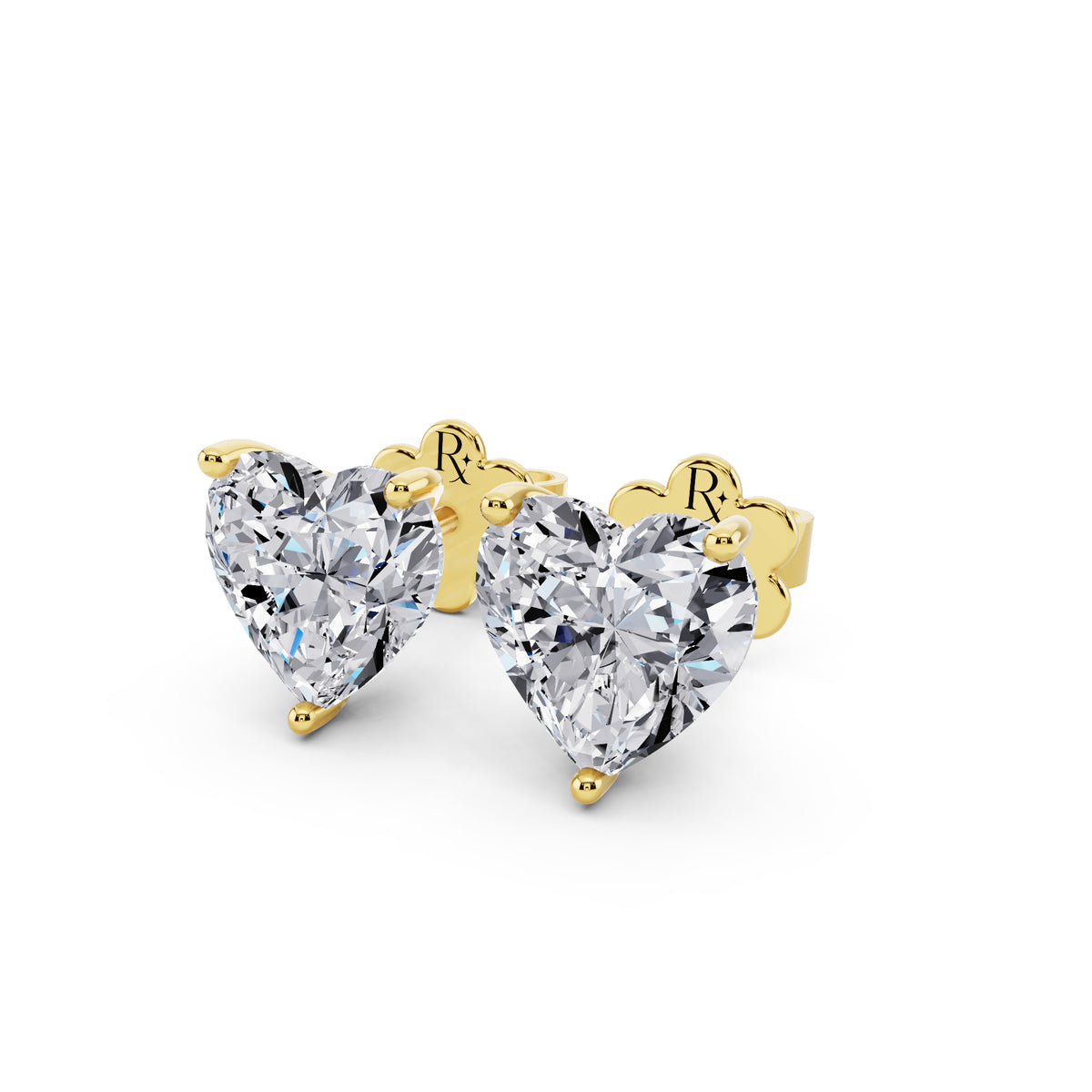 Martini heart cut diamond stud earrings yellow gold close up view