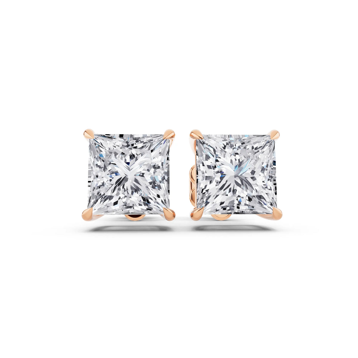 Rose Gold Tiger-prong Princess Lab Grown Diamond Stud Earrings, front view