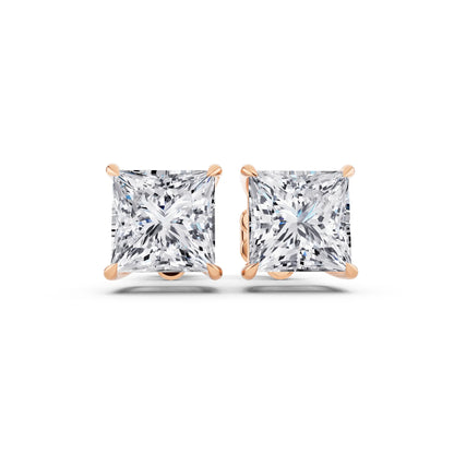 Rose Gold Tiger-prong Princess Lab Grown Diamond Stud Earrings, front view