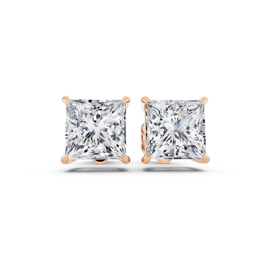 Rose Gold Tiger-prong Princess Lab Grown Diamond Stud Earrings, front view