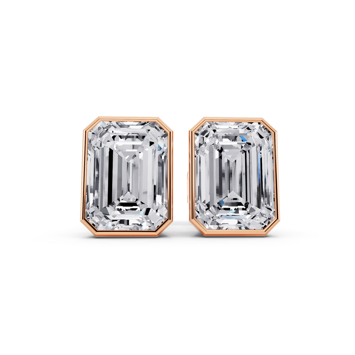 Bezel emerald cut diamond stud earrings rose gold front view