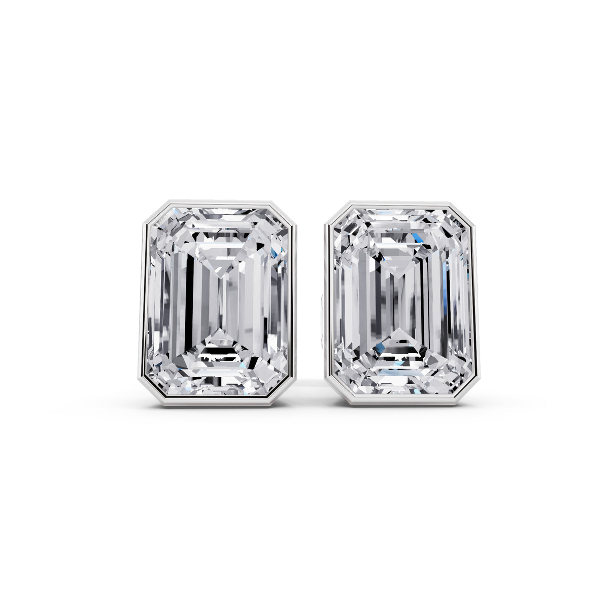 Bezel emerald cut diamond stud earrings front view
