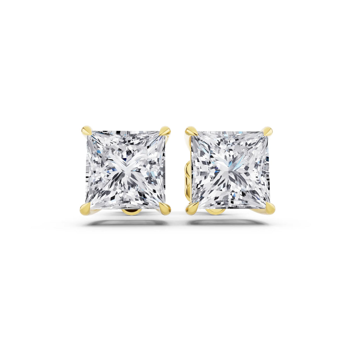 Yellow Gold Tiger-prong Princess Lab Grown Diamond Stud Earrings, front view