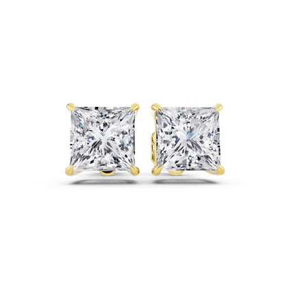 Yellow Gold Tiger-prong Princess Lab Grown Diamond Stud Earrings, front view