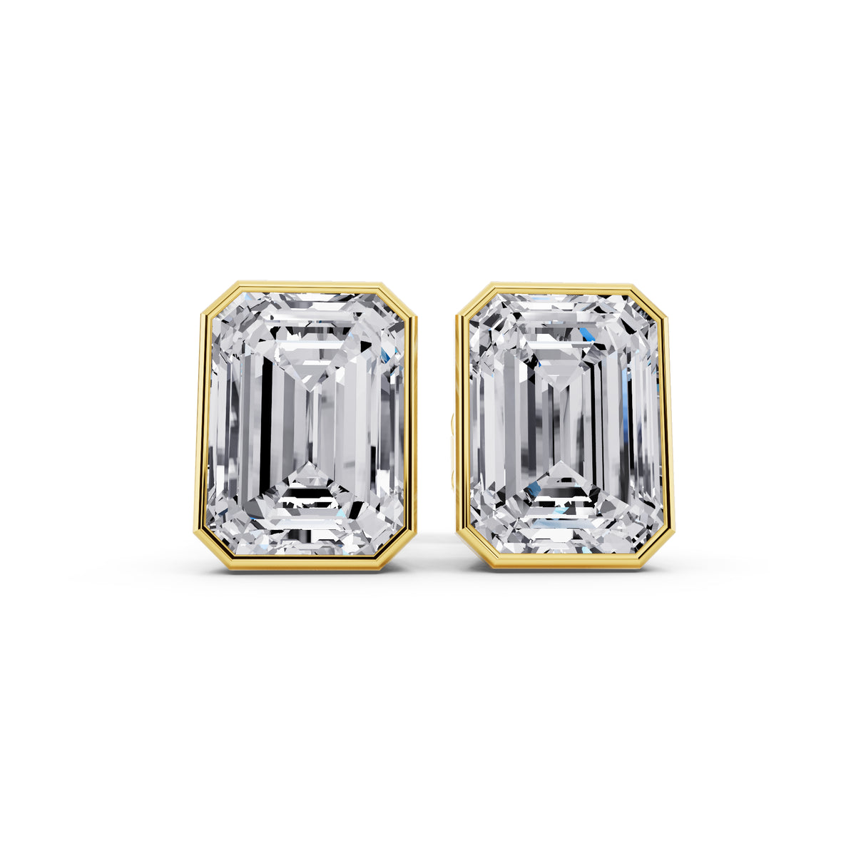 Bezel emerald cut diamond stud earrings yellow gold front view