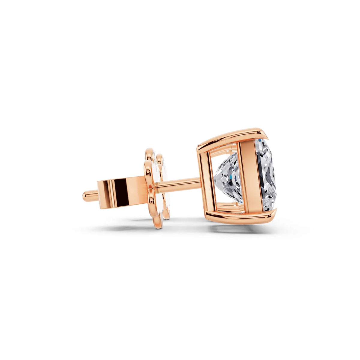 Rose Gold Tiger-prong Princess Lab Grown Diamond Stud Earrings, side view