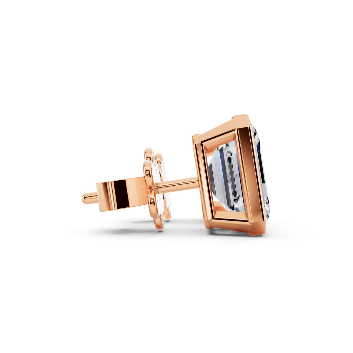 Bezel emerald cut diamond stud earrings rose gold side view