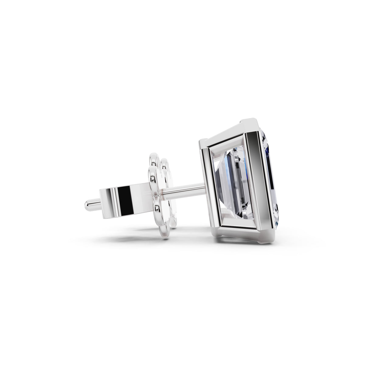 Bezel emerald cut diamond stud earrings side view